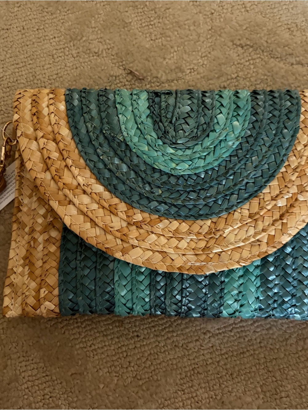 Woven Straw Clutch in Natural and Teal